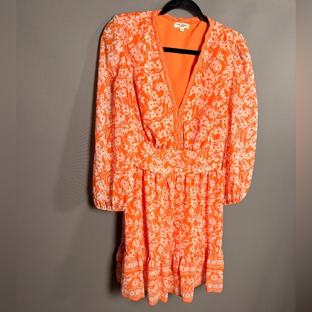 Max Studio Orange and White Floral V-Neck Long Sleeve Dress